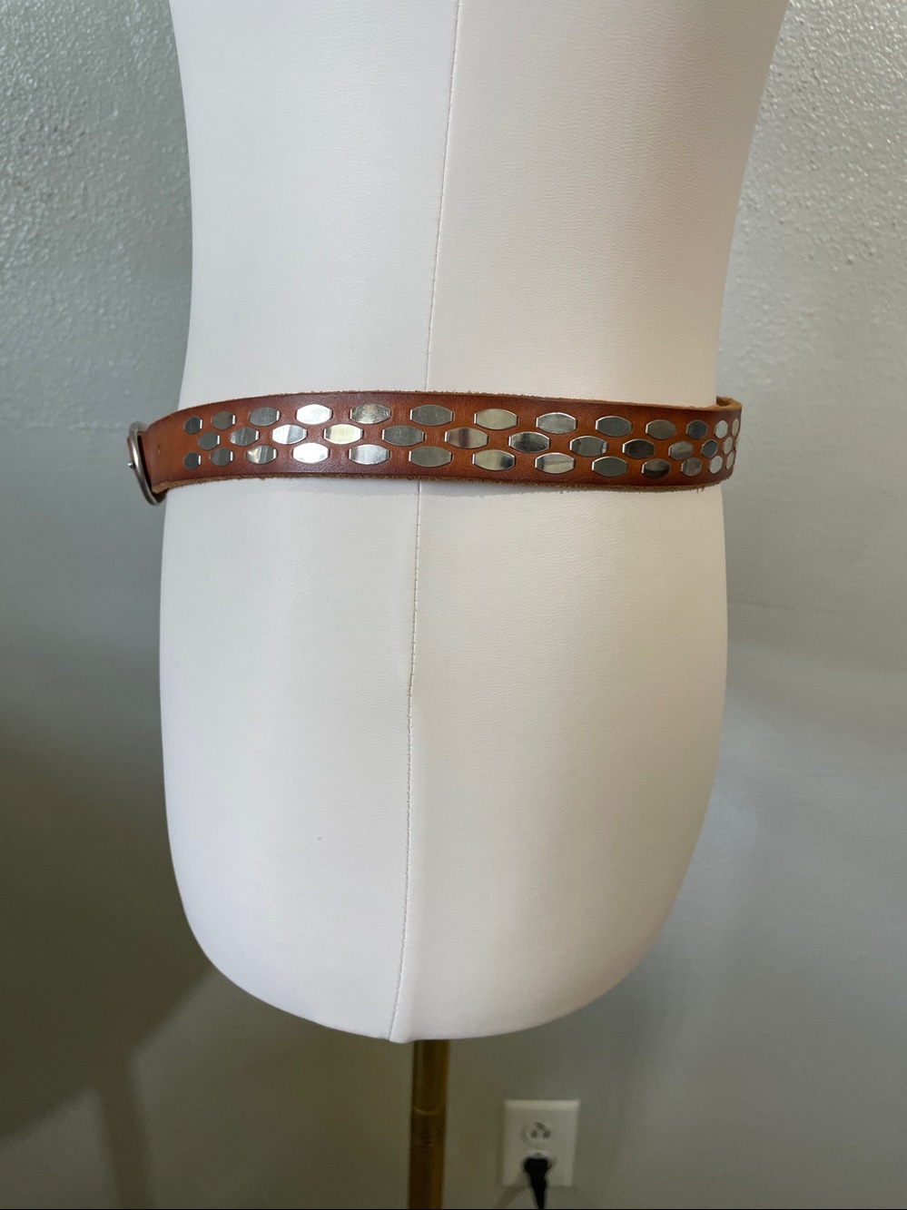 J. Crew Silver Tone Studded Brown Leather Skinny Belt Large Moto Biker Casual - Picture 3 of 9